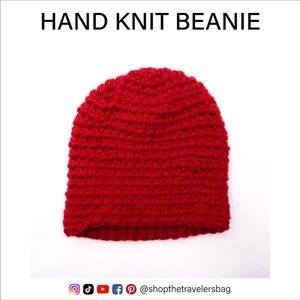Beanie Hat Hand Knit Red-Pink